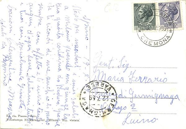 Retro della cartolina viaggiata nel 1959